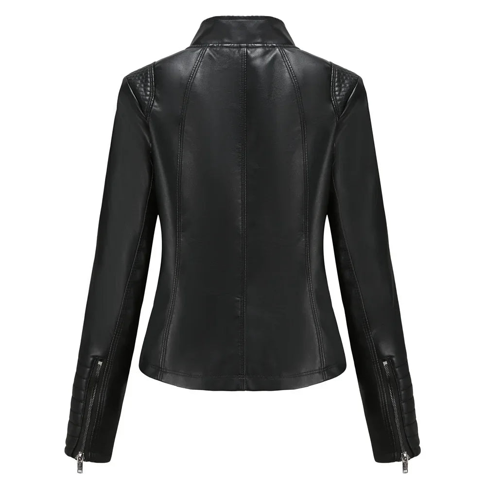 New 20 Women's Leather Jacket Thin Motorcycle Style Short Fashion Women's Jacket Stand Collar Full Sleeve from Mainland China