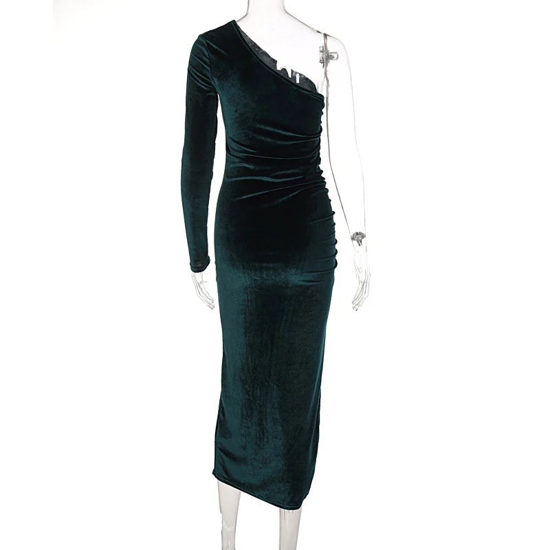 Frauen Elegante Langarm Party Abend Samt Bodycon Split Bleistift Midi Kleid Frühling Herbst Kleidung