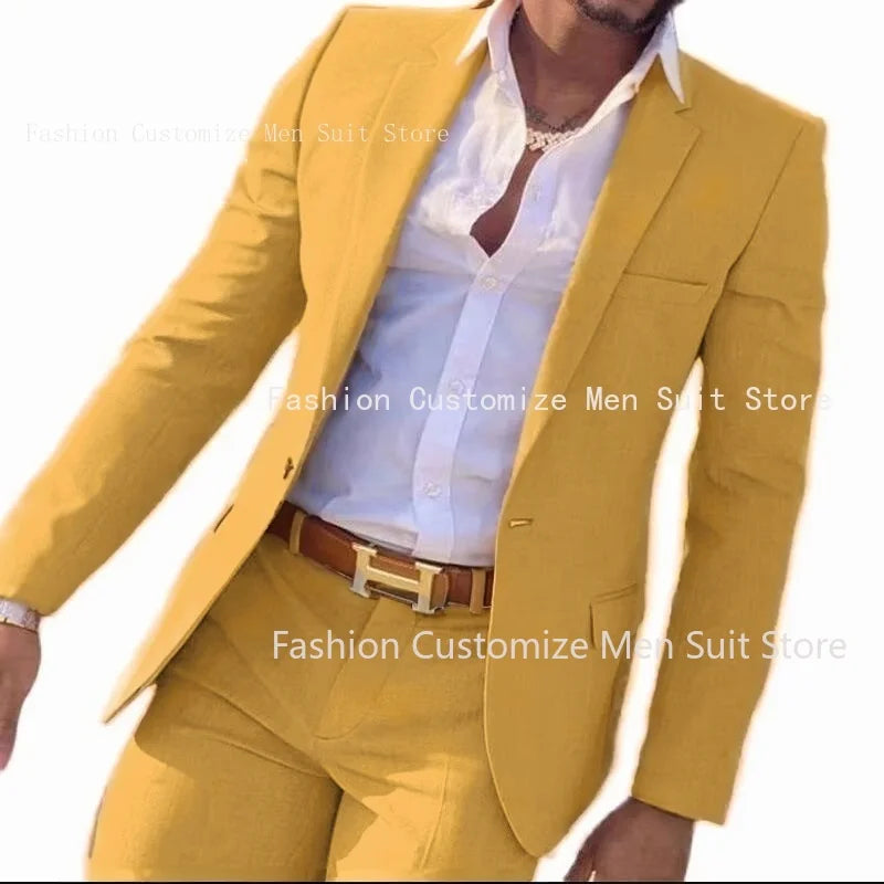 2-teiliger beigefarbener Anzug für Männer, Slim Fit, Hochzeit, Bräutigam, Smoking, Trauzeugenanzüge, männliche Mode, Raucherkostüm, Homme, Blazer mit Hosen
