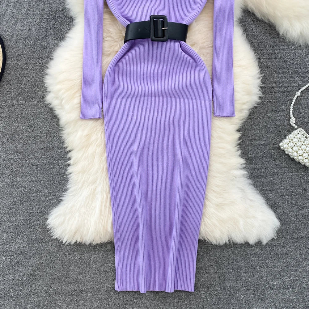 REALEFT Herbst Winter 2025, neue Rollkragen frauen Gestrickte Kleider mit Gürtel Langarm Elegante Bodycon Wrap Kleid Weibliche