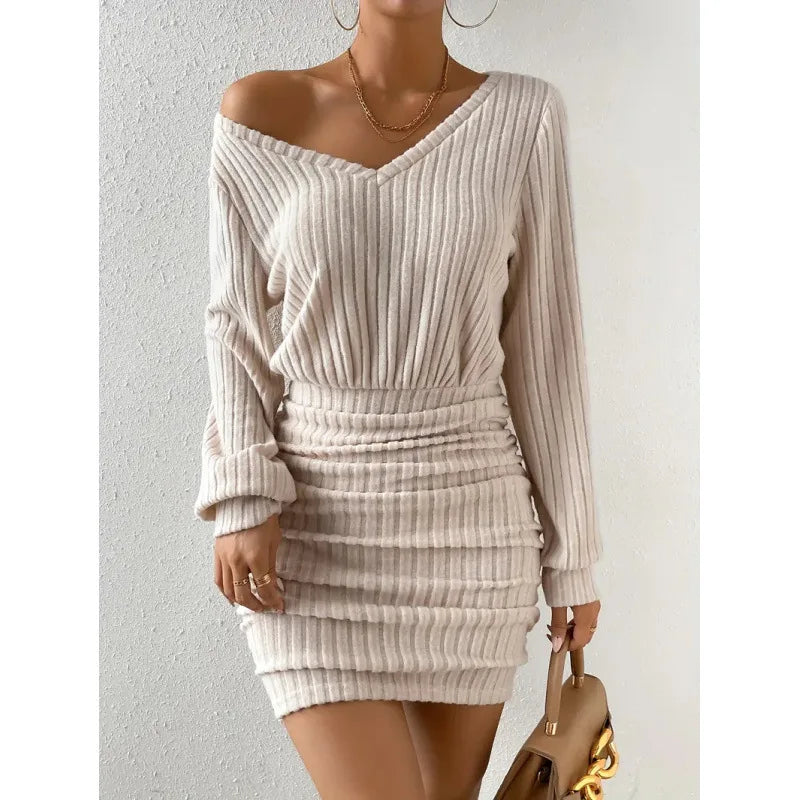 Frauen Herbst Winter Gestrickte Pullover Mini Kleid Weibliche Casual Solide Wrap V-ausschnitt Langarm Warme Bodycon Kurze Kleider Robe