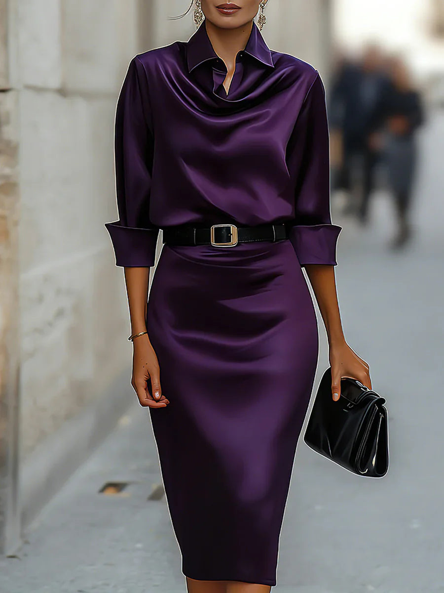Satin-Kleid mit Wasserfallausschnitt und Gürtel, langärmliges, figurbetontes Midikleid für Damen, elegantes, lässiges Party- und Abendkleid