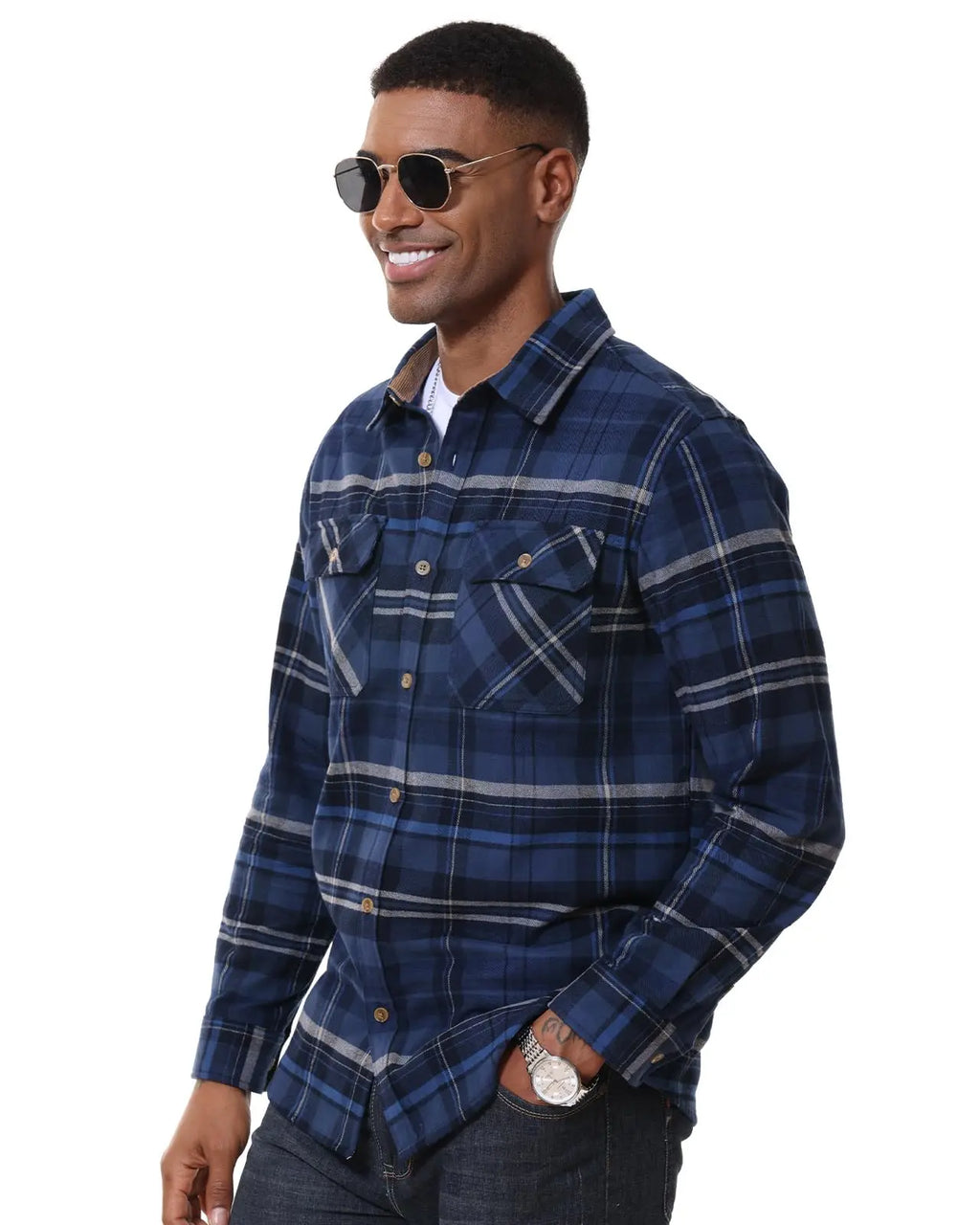 MAGCOMSEN Flanellhemden für Herren, langärmelig, Baumwolle, langärmelig, kariertes Hemd mit 2 Taschen, Knopfleiste, lässiges Cordhemd für Herren