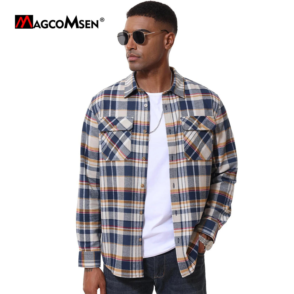 MAGCOMSEN Flanellhemden für Herren, langärmelig, Baumwolle, langärmelig, kariertes Hemd mit 2 Taschen, Knopfleiste, lässiges Cordhemd für Herren