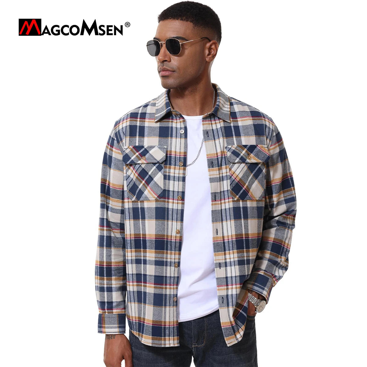 MAGCOMSEN Flanellhemden für Herren, langärmelig, Baumwolle, langärmelig, kariertes Hemd mit 2 Taschen, Knopfleiste, lässiges Cordhemd für Herren