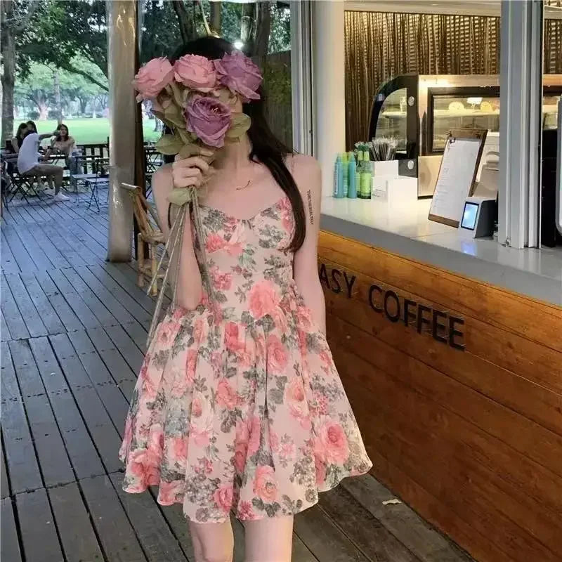 Elegantes, hoch tailliertes, schlankes, florales Tank kleid für Frauen im Frühling und Sommer im französischen Stil