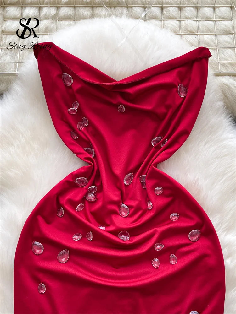 SINGREINY Fashion Beading Mini Sundress Transparent Sling Design Swinging Collar Hot Summer Ladies Sexy Backless Bodycon Dress