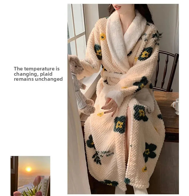 Verdickte Korallen Fleece Robe frauen V-ausschnitt Gürtel Langarm Mid-länge Süße Stil Warme Hause Kleidung Winter Saison