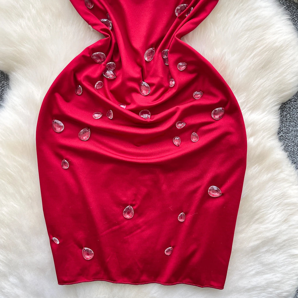 SINGREINY Fashion Beading Mini Sundress Transparent Sling Design Swinging Collar Hot Summer Ladies Sexy Backless Bodycon Dress