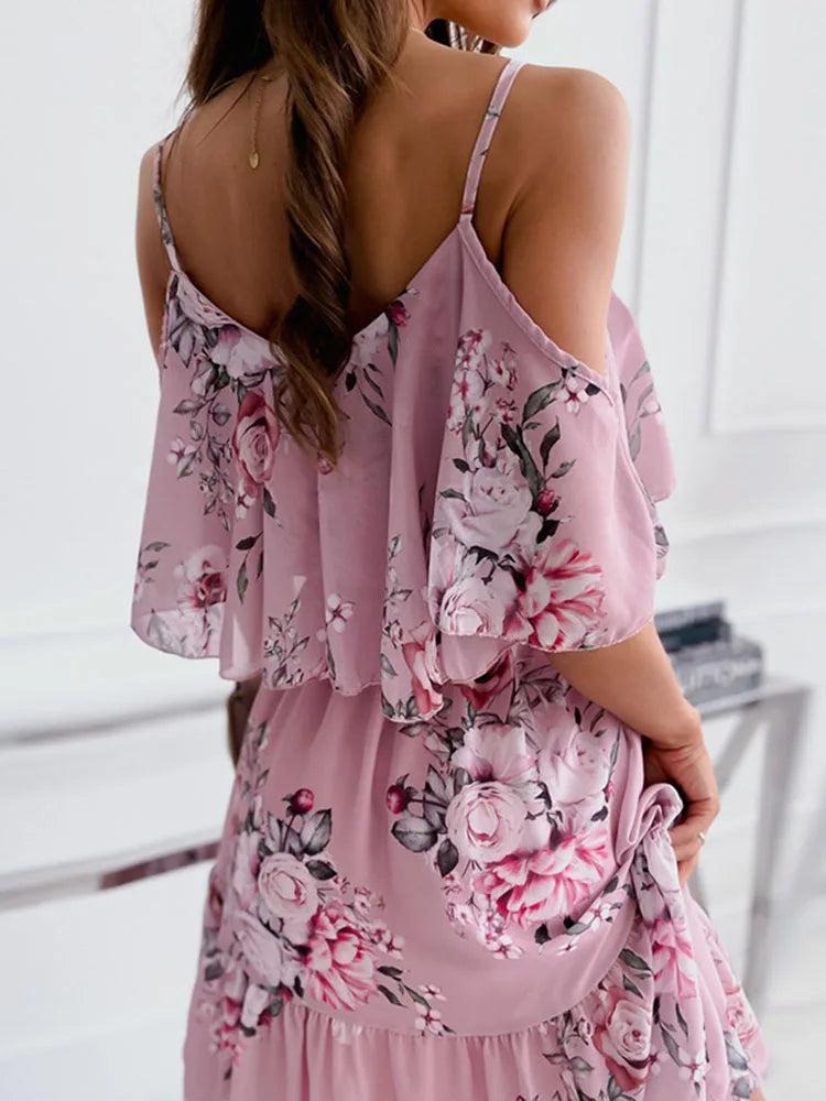 Sexy Off Schulter Floral Chiffon Mini Frauen Kleid 2022 Sommer Kurzarm Casual Weiß Rüschen Kleider Für Frauen Robe Femme
