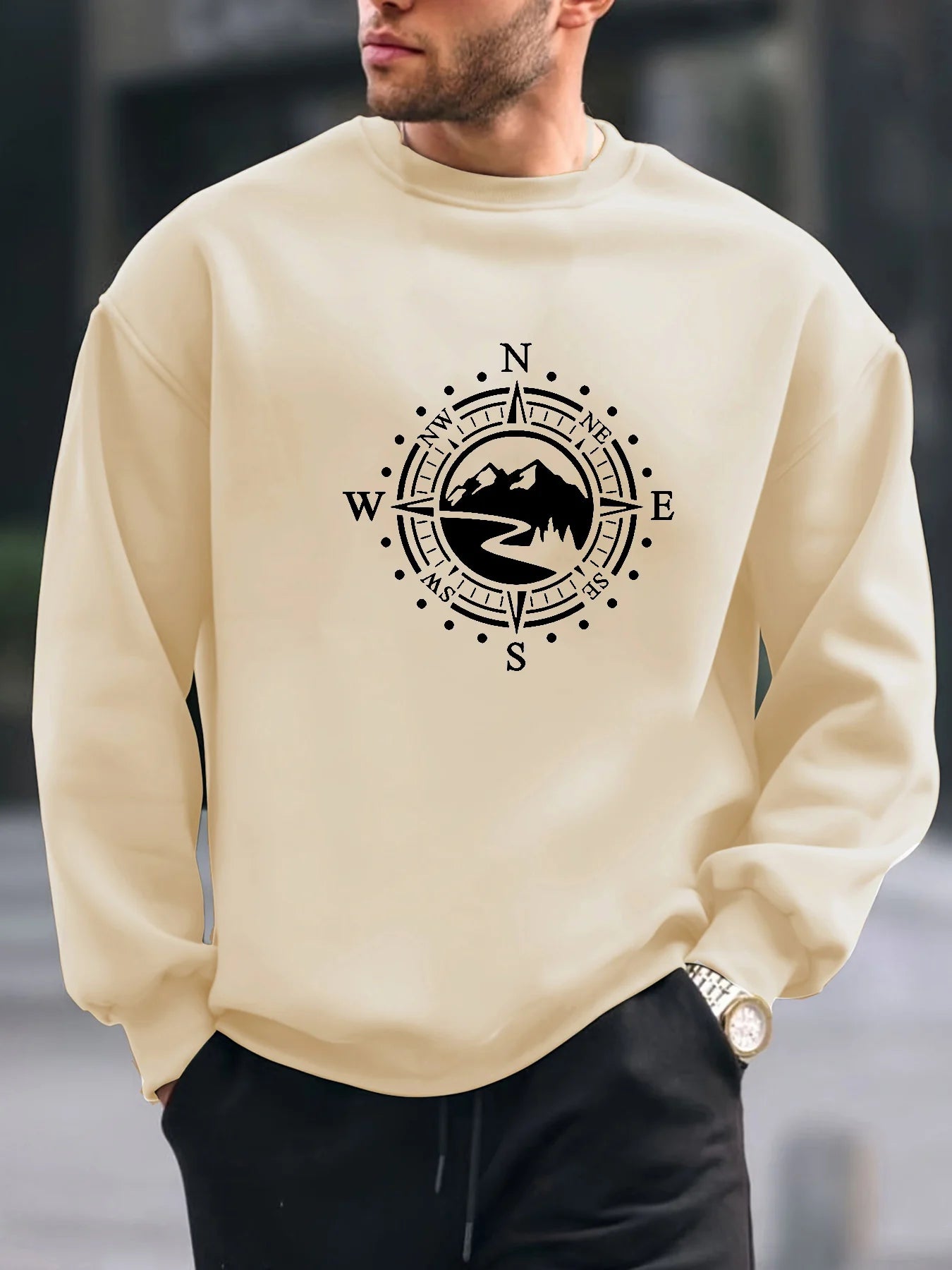 Men's autumn and winter fashionable casual loose compass and mountain graphic printed long sleeved round neck sweatshirt