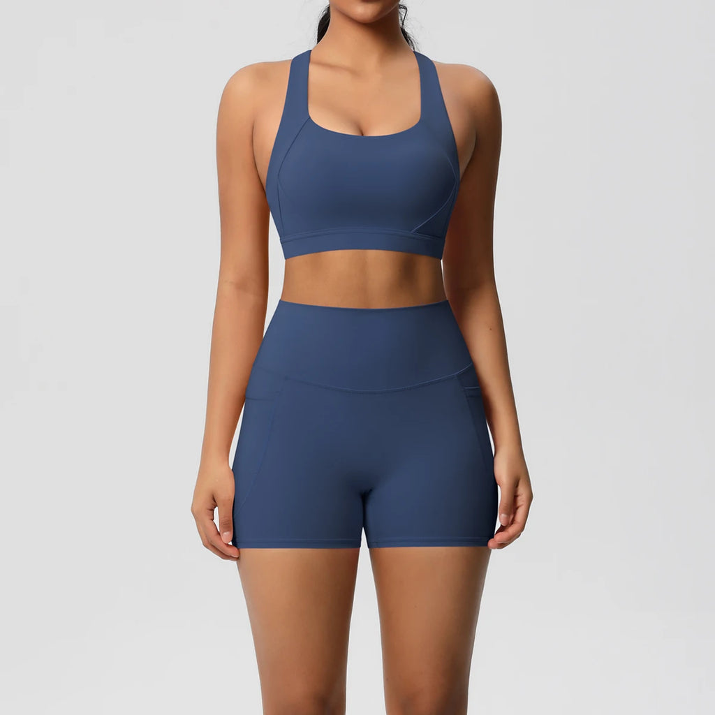 2PCS Sportswear Mit Taschen Yoga Set Gymnastik Kleidung Yoga Anzüge Für Frauen Trainingsanzüge Sport Shorts Crossover Bh Gym Leggings