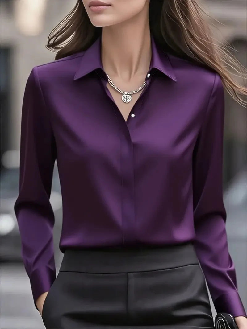 2025 Neues Damen-Langarmshirt, 10-farbiges Revers, Satin-Knopf-Cardigan, Büro, Pendeln, elegantes, einfaches Oberteil, Basic-Blusen