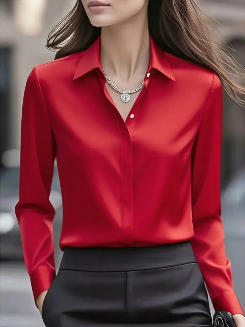 2025 Neues Damen-Langarmshirt, 10-farbiges Revers, Satin-Knopf-Cardigan, Büro, Pendeln, elegantes, einfaches Oberteil, Basic-Blusen