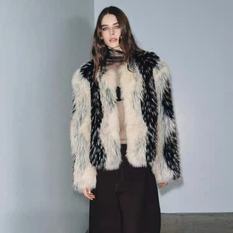 LEOSOXS Stilvolle Kontrast Faux Pelz Frauen Mantel Elegante Oansatz Einreiher Y2K Volle Hülse Weibliche Mäntel Winter Chic Dame Jacke