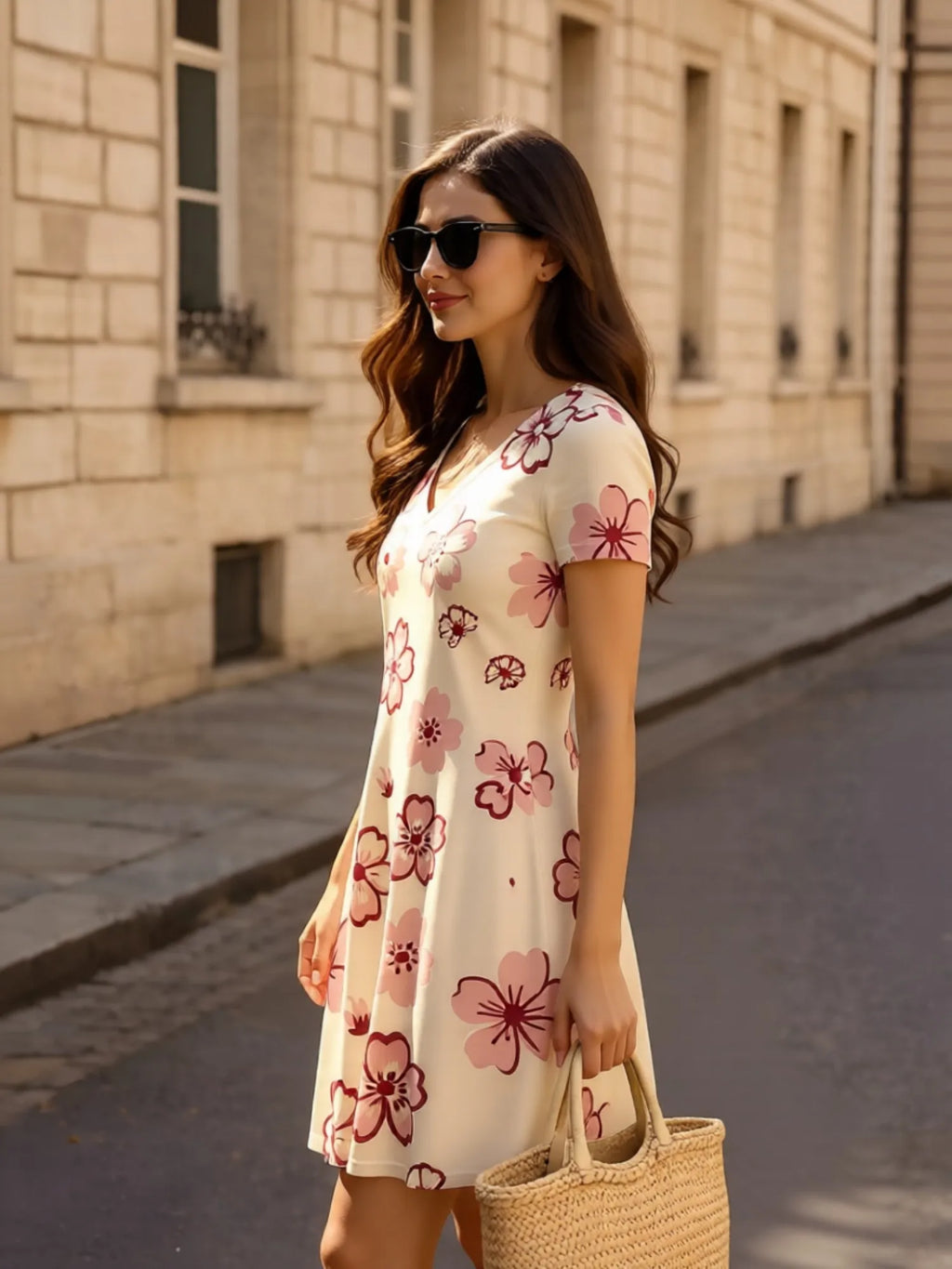 Damen-Minikleid mit V-Ausschnitt, kurzärmelig, Blumenmuster, lässiges Reiseoutfit, feminin, anmutig, entspannt, leicht zu tragen, modisch, charmant, niedlich, Café