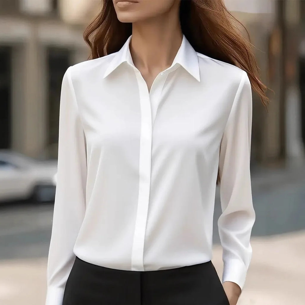 2025 Neues Damen-Langarmshirt, 10-farbiges Revers, Satin-Knopf-Cardigan, Büro, Pendeln, elegantes, einfaches Oberteil, Basic-Blusen