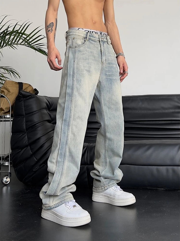 Jeans für Herren, locker, hellblau, Baggy, gerade, Cowboy-Hose, Punk, gespleißt, Y2k, Vintage-Hose, 2025, koreanischer Herbst-Trend, Baumwolle