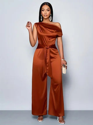2026 Sommer Neuer Stil Einschultriger Rückenfreier Jumpsuit mit Bindedetail und weitem Bein im französischen High-End-Bankett-Stil, taillierter, schlankmachender Jumpsuit in Übergröße für Damen, geeignet für Party und