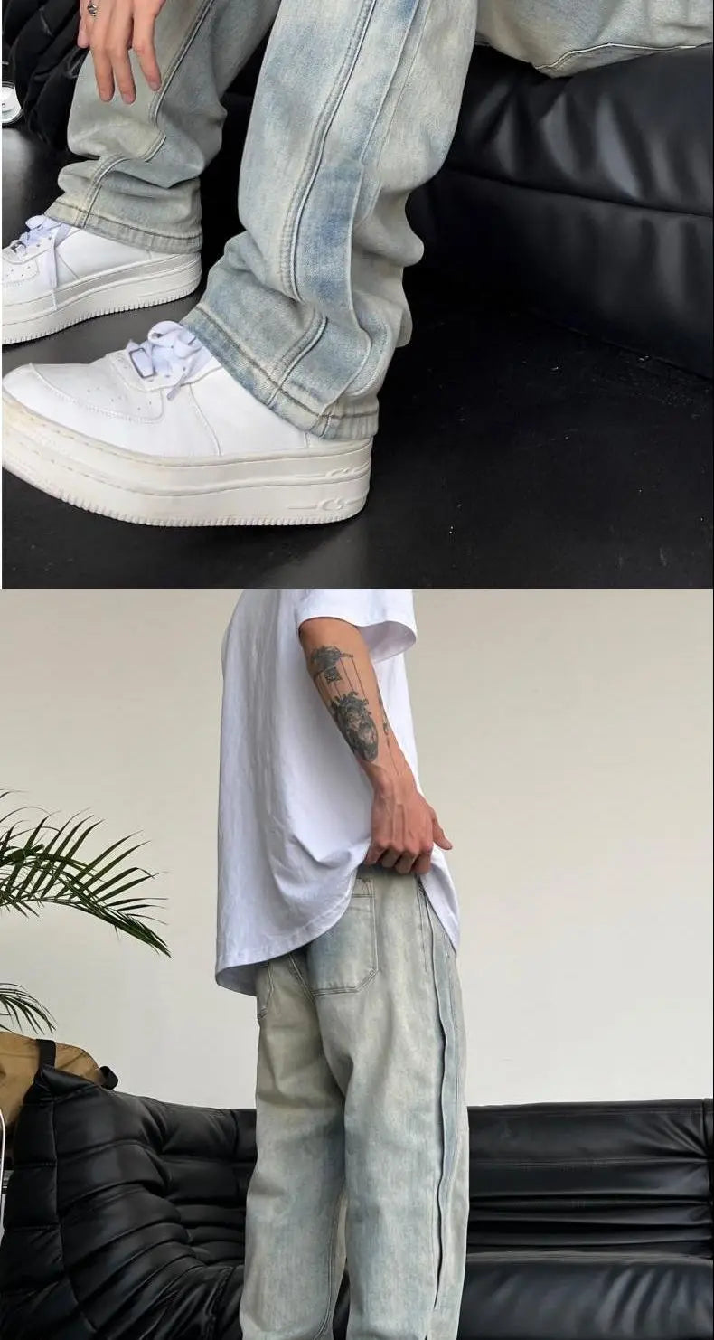 Jeans für Herren, locker, hellblau, Baggy, gerade, Cowboy-Hose, Punk, gespleißt, Y2k, Vintage-Hose, 2025, koreanischer Herbst-Trend, Baumwolle