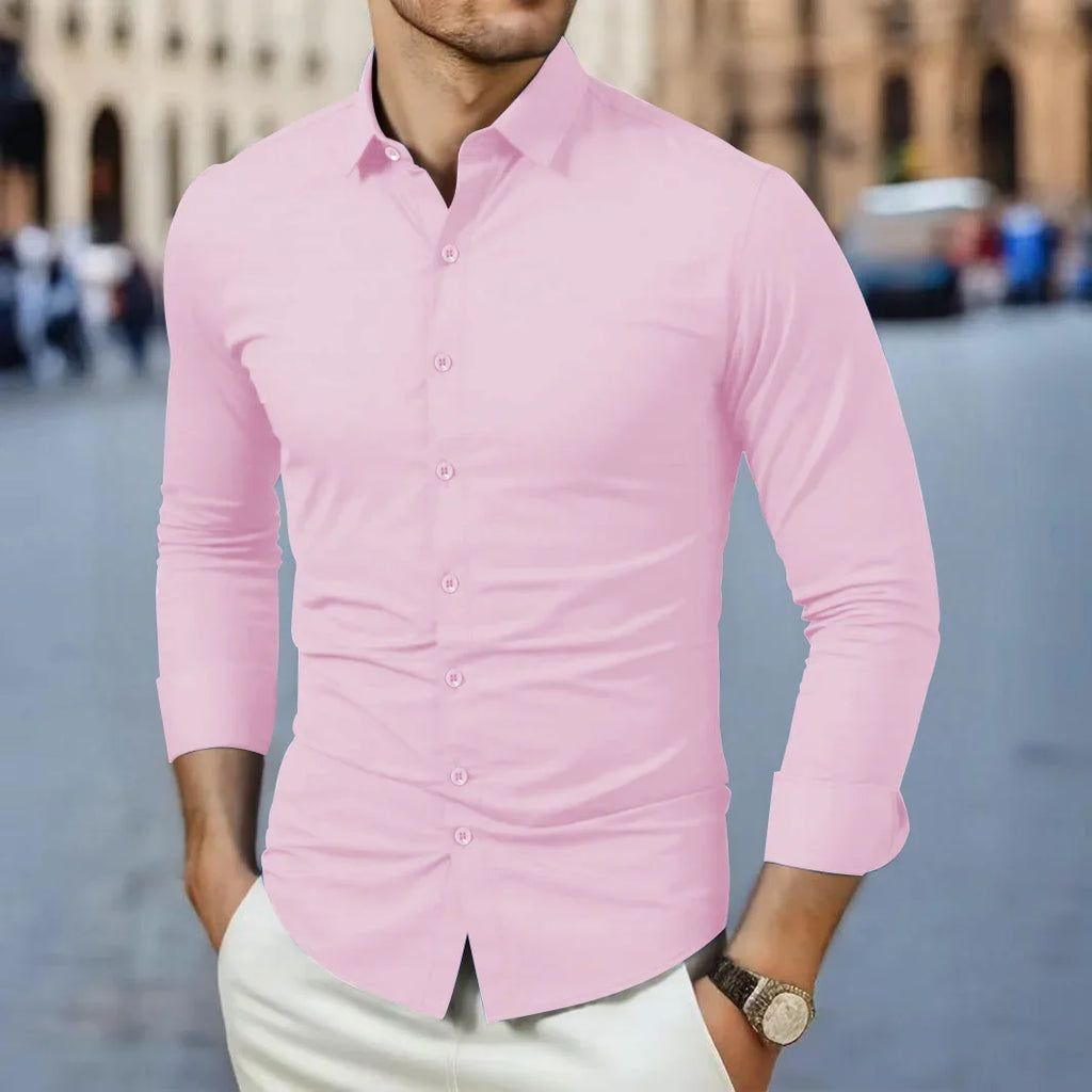 Neues, langärmliges, einfarbiges Business-Casual-Hemd für Herren, knitterfrei, knitterfrei, bequem, vielseitiges Oberteil für die ganze Saison