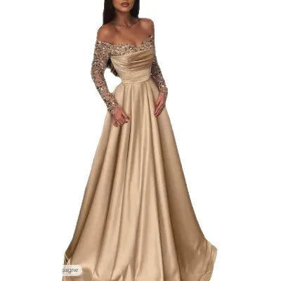 Langärmliges, glitzerndes Pailletten-Abendkleid 2026, formelles Party-Dinner, Bankett, Host-Kleider, elegantes, schulterfreies, bodenlanges Kleid