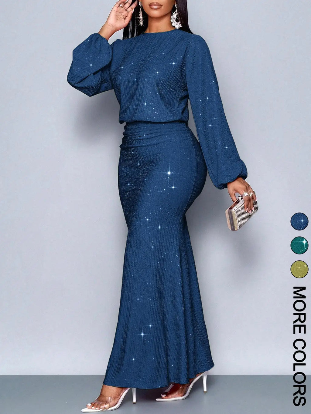 Elegantes, langärmliges Fischschwanzkleid mit Perlenverzierung und Falten für formelle Anlässe, Polyester-Lycra-Mischung, Sommer 2025,