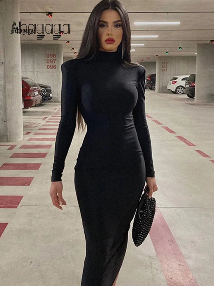AHAgaga Winter Büro Dame Regelmäßige Sexy Bodycon Maxi Kleid Frauen Casual Langarm Schwarz Slim Kleider Frau Rollkragen Roben
