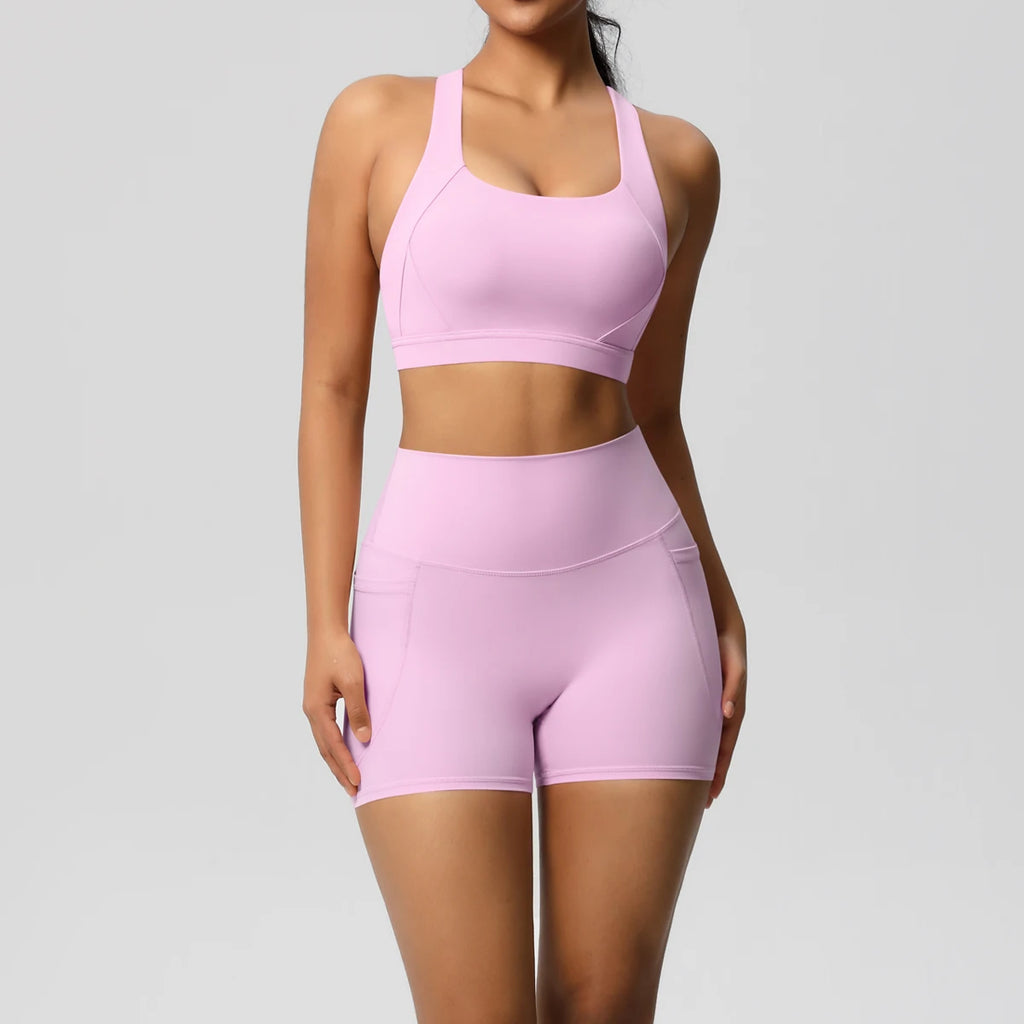 2PCS Sportswear Mit Taschen Yoga Set Gymnastik Kleidung Yoga Anzüge Für Frauen Trainingsanzüge Sport Shorts Crossover Bh Gym Leggings