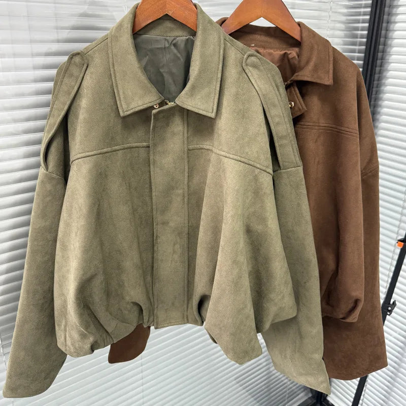 Wildlederjacke im Retro-Stil, Reißverschlusskragen, Oberbekleidung für Damen, mittlere Dicke, lange Ärmel, Street Fashion, lockere Passform, Herbst und Winter