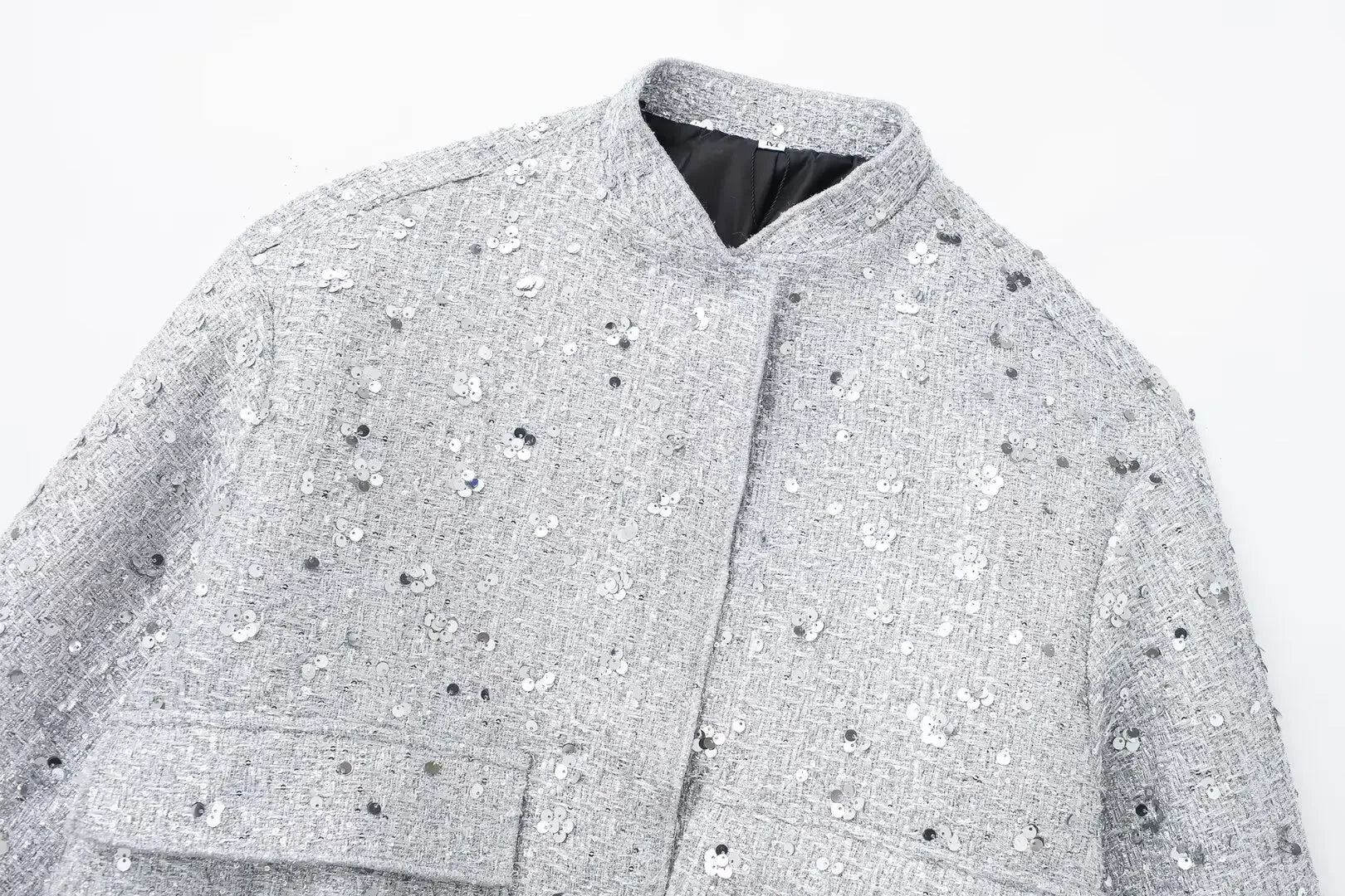 Women's Sequined Bomber Jacket Fall New Round Neck Long Sleeve Pocket Stretch Hem Sequins Jacket Coat Female Chic Outerwear