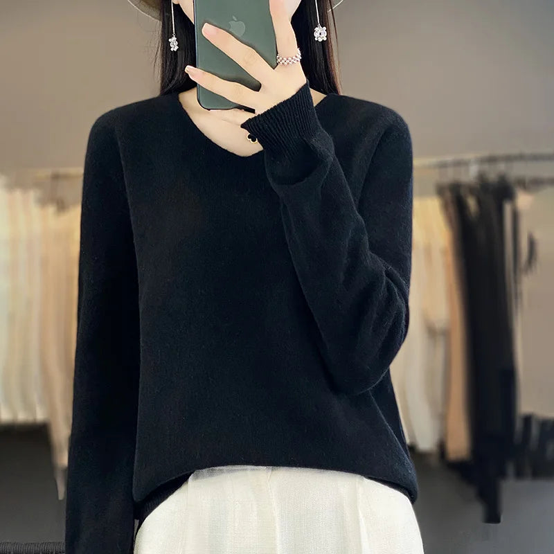 Frauen 100% Merinowolle Pullover V-Ausschnitt Basic Pullover Herbst Winter Kaschmir Kleidung Langarm weiche Strickwaren Tops einfarbig