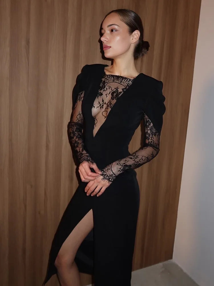 Ahagaga Eelgant Spitze frauen Kleid Patchwork Lange Ärmel Herbst Party Slim Fit Mantel Samt Sexy Split Trend Weibliche Vestidos