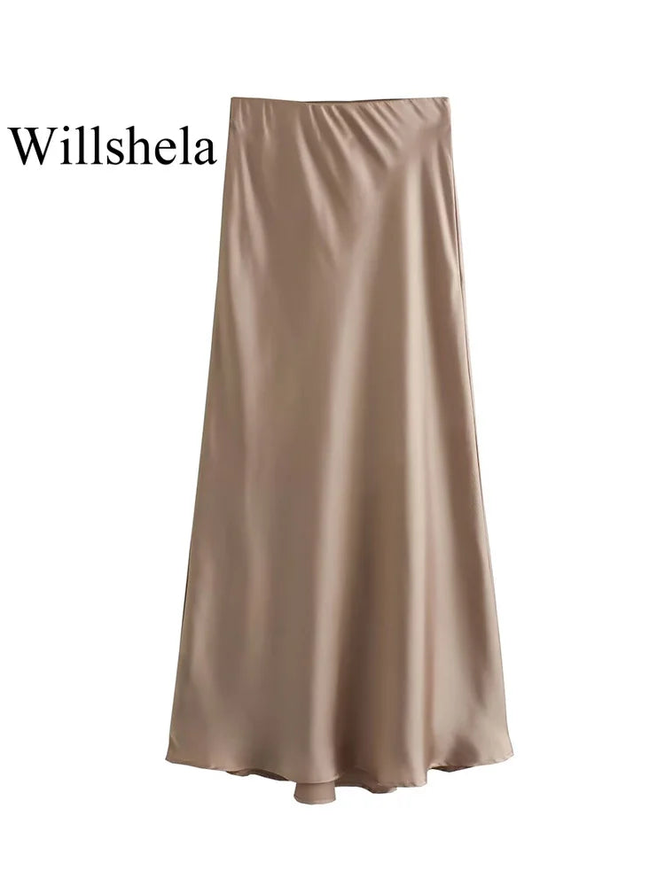 Willshela 2024 Schwarz Satin Rock Frau Hohe Taille Elegante Lange Röcke Für Frauen Mode Sommer Midi Rock Büro frauen Röcke