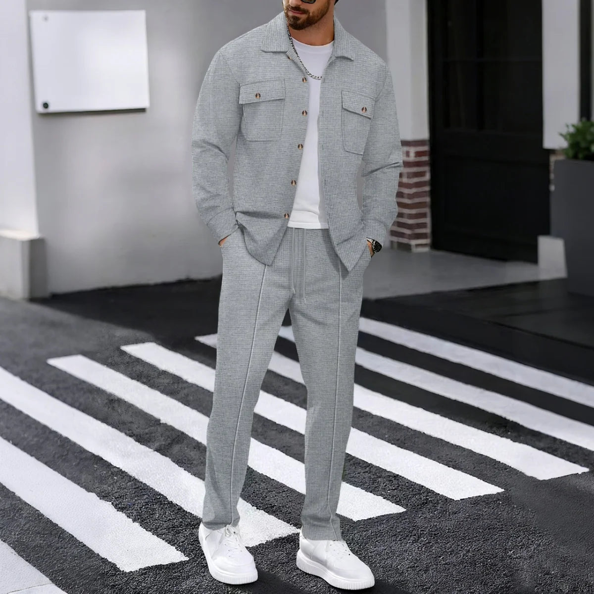 Männer Frühling Herbst Casual Anzug Street Style Einfarbig Lose Gepolsterte Lange Ärmeln Zwei-Stück Set Modische Oberbekleidung anzug set