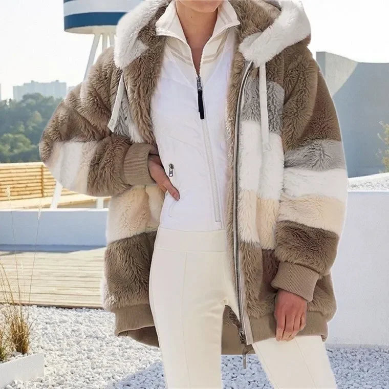 Warme Fleece-Übergroße Kapuzenjacke für Damen, Herbst und Winter, verdickte Reißverschlusstasche, Patchwork-Kleidung, bequemes Sweatshirt