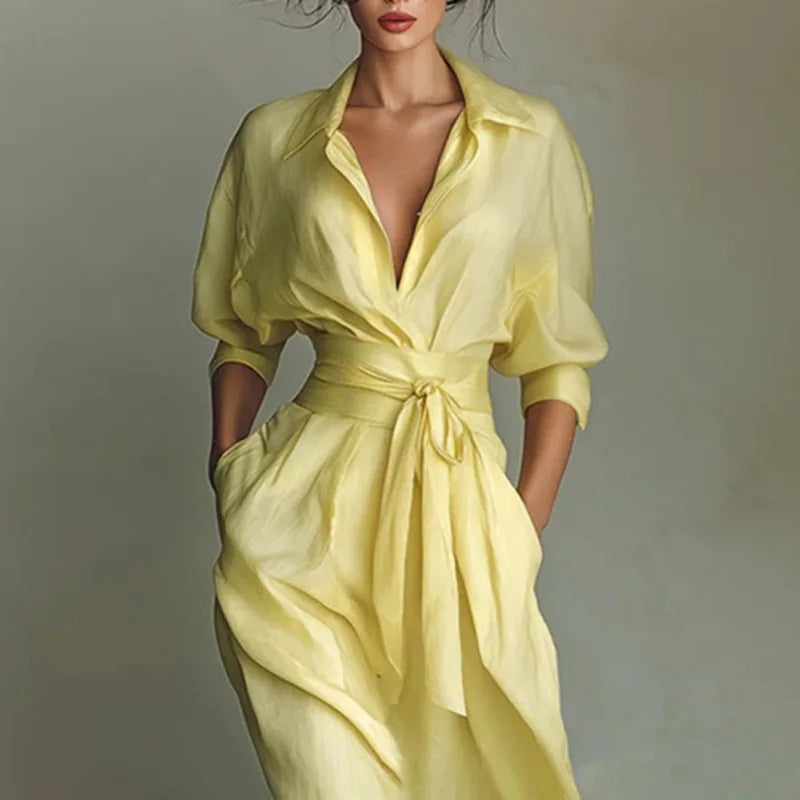 Böhmisches Elegantes Schnür-Maxikleid mit Hoher Taille für Damen Neues Umlegekragen-Kleid mit Ausschnitten für Partys Frühling 3/4 Ärmel Taschen-Maxikleid