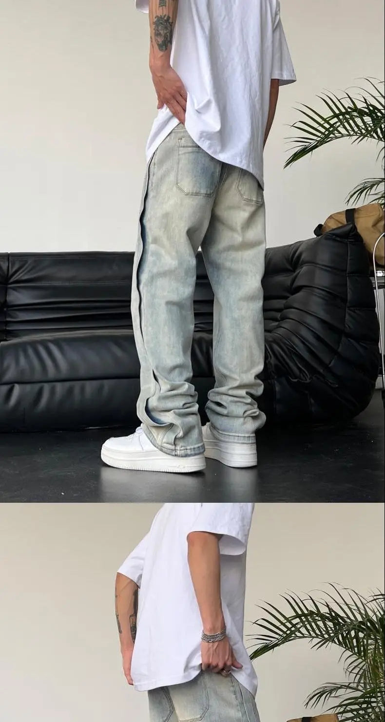 Jeans für Herren, locker, hellblau, Baggy, gerade, Cowboy-Hose, Punk, gespleißt, Y2k, Vintage-Hose, 2025, koreanischer Herbst-Trend, Baumwolle