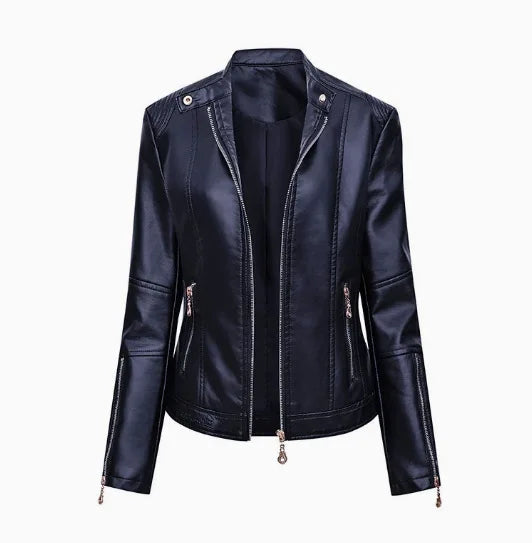 Slim Fit Biker Style Women's Leather Jacket Coat Thin Spring Autumn Stand Collar Long Sleeve Streetwear Trendy Fashion Outerwear