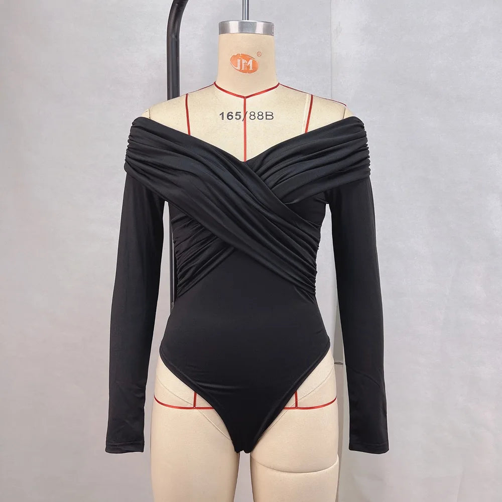 Herbst neuer 2024, sexy und modischer, schulterfreier Patchwork-Langarm-Slim-Fit-Overall mit V-Ausschnitt und schmaler Passform für Damen