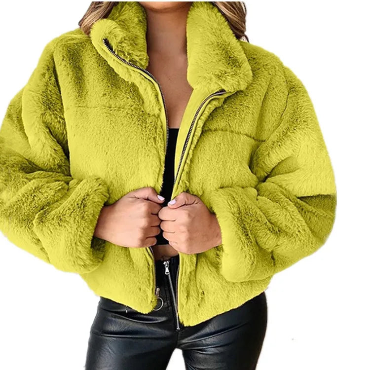 2025, Winter frauen Warme Jacke Zipper Strickjacke Faux Pelz Mode Langarm Stehen Kragen Plüsch Mantel für Weibliche