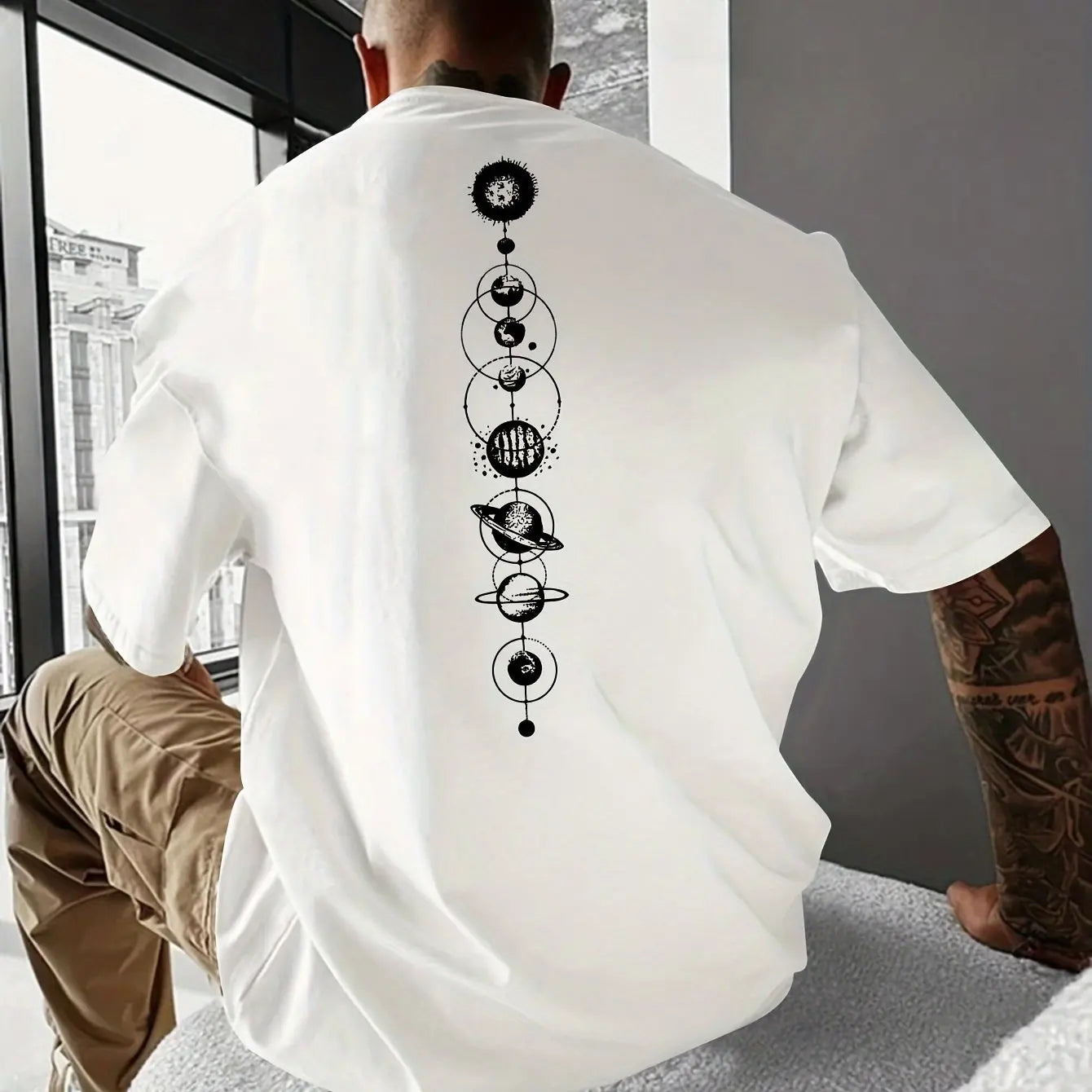 Herren-T-Shirt-Oberteil aus 100 % reiner Baumwolle, Sommer, lockere Größe, Planet-Grafikdruck, lässig, schmale Passform, Rundhalsausschnitt, kurzärmelig
