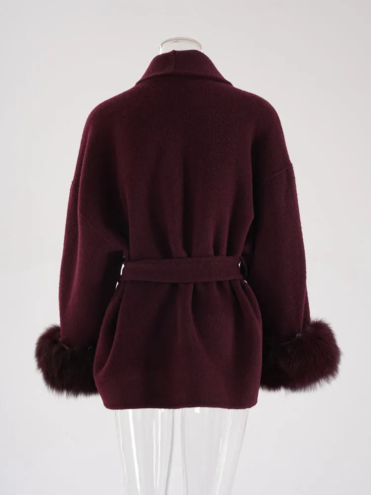 UCXQ Elegant OL Office Lady Overcoats Fur Patchwork Long Sleeve Woolen Coat Beautiful Women's Clothing Jacket Autumn 2025 Winter