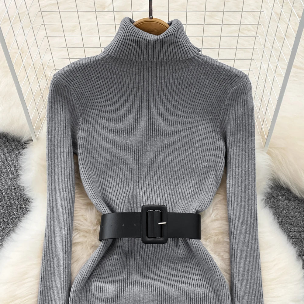 REALEFT Herbst Winter 2025, neue Rollkragen frauen Gestrickte Kleider mit Gürtel Langarm Elegante Bodycon Wrap Kleid Weibliche