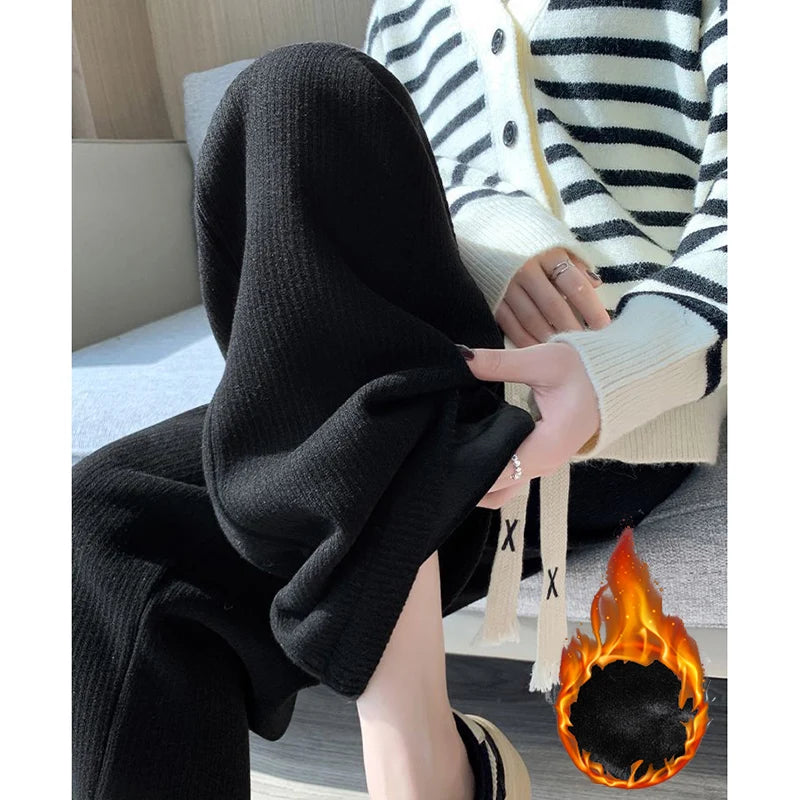Winter Girls Snow Warm High Waisted Thermal Pants Women Fashion Straight Leg Plush Trousers Lady Thin Fleece Daily Pants