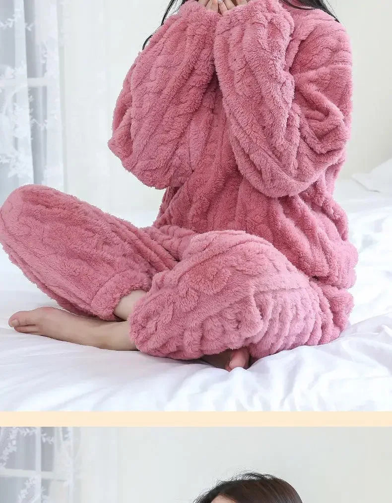 Verdickte Korallen Fleece Pyjama Set frauen Winter Hause Kleidung Nachtwäsche Samt Material Warme Gemütliche Winter Neue Ankunft