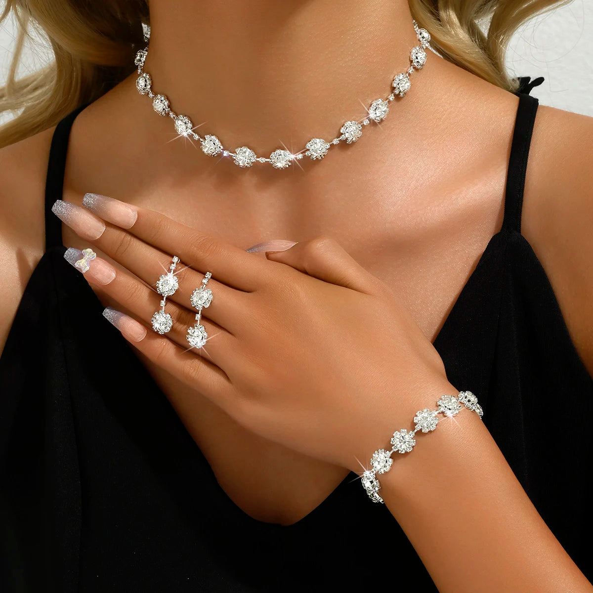 4PC Fashion Simple Copper Inlaid Rhinestone Claw Chain Necklace Earrings Bracelet Jewelry Set Women's Wedding Decoration-5273