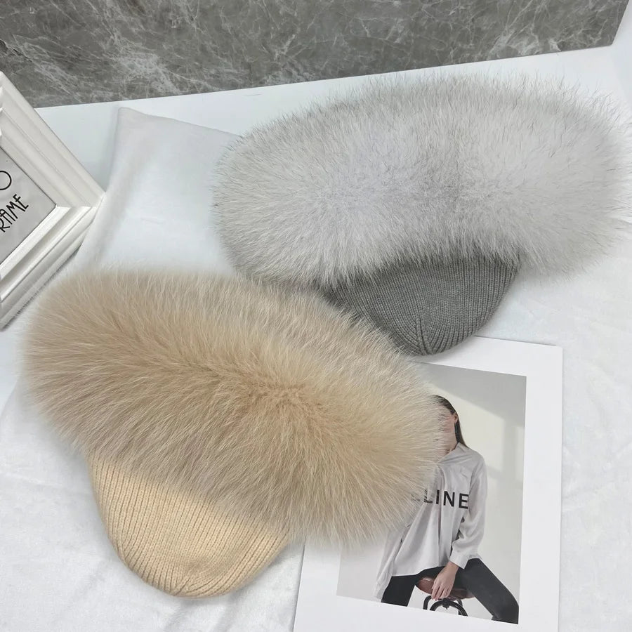New Stylish Beanie Hats for Women Winter Warm Fluffy Bone Cap Soft Outdoor Thick Natural Fox Fur Hat Female Dome Hats