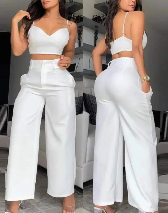 Sommer Sexy 2-teiliges Set Frauen V-ausschnitt Strap Geraffte Schlank Crop Top & Spitze-up Breite Bein Hosen Sets elegante Urlaub Dame Anzug