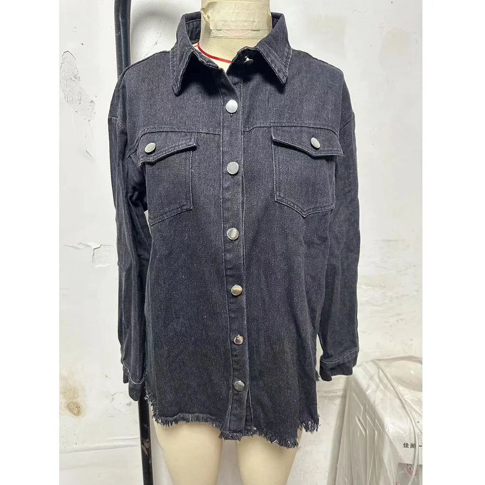 Gewaschene Denim Jacke Frauen Herbst Quaste Revers Jeans Jacke Weibliche Casual Lose Langarm Einreiher Oberbekleidung Shirts Mantel